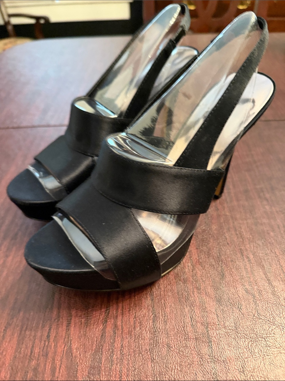 Nine West Black Satin Crossover Slingback Platform Heels